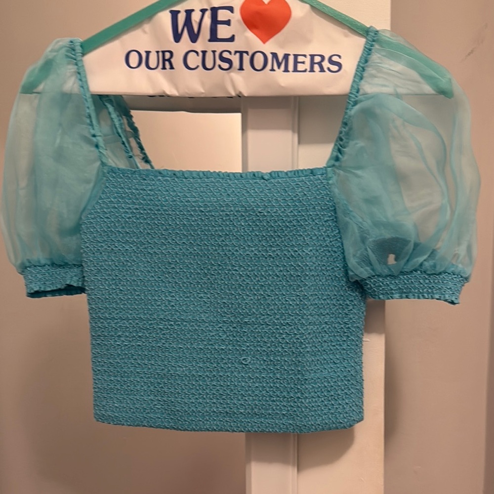 Alice + Olivia Blue Smocked Puff Sleeve Blouse
